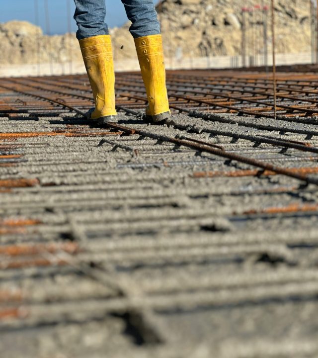 Close-up of a worker standing on a concrete slab with rebar, wearing yellow boots.